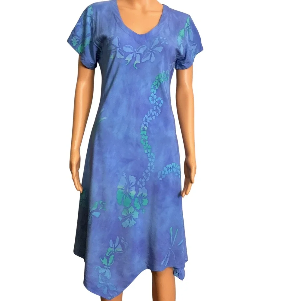 Tropical Tantrum Blue Hawaiian Floral Print Dress V Neck ShortSleeve Casual Mumu - Picture 8 of 16